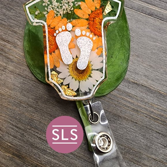 Floral Baby Romper With Footprints Badge Reel-NICU Badge Holder-Gift for NICU RN - Picture 6 of 7